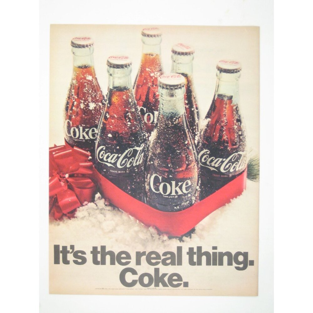 Coca-Cola Vintage 1960s Its The Real Thing Winter Holiday Print Ad Bottle Ribbon